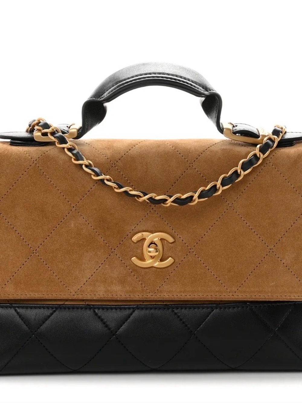 CHANEL Two-Tone Suede & Leather Satchel in Tan and Black with Gold Hardware